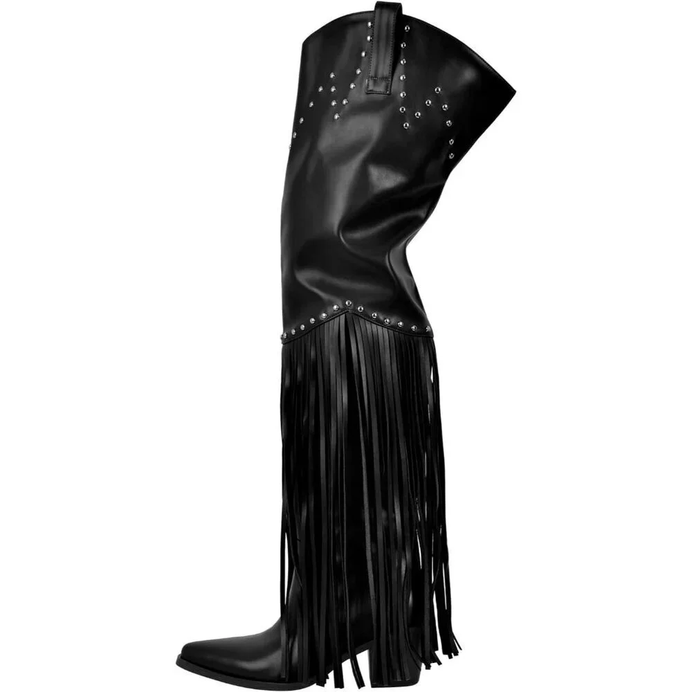 Women Black Synthetic Fringe Thigh High Tassels Wide Calf Over Knee Pointed Boot